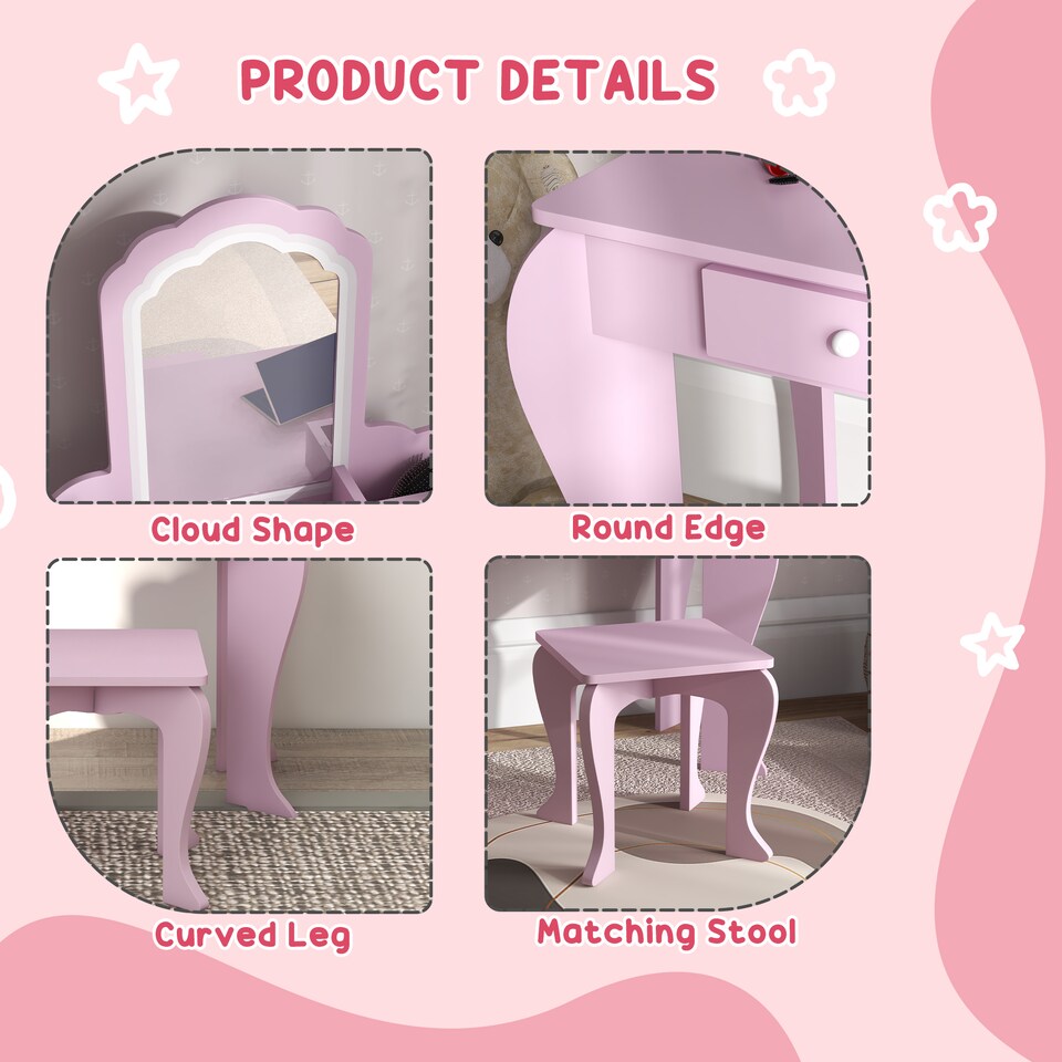 image 1 of ZONEKIZ Kids Dressing Table, Cloud Design w Mirror, Stool, Drawer, Storage Box | Pink