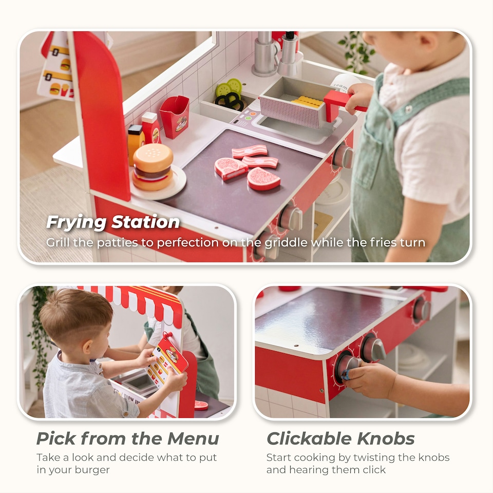 image 1 of Teamson Kids Flip & Fry Burger Shop Wooden Playset in Red with Grill, Fryer, Drinks Station & 29 Accessories