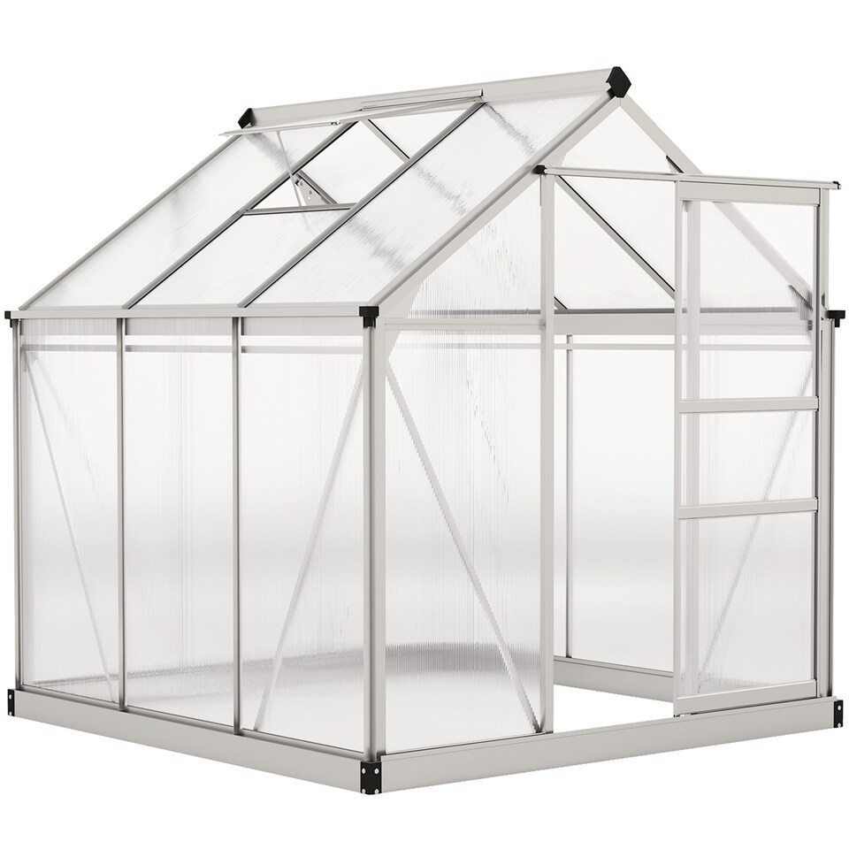 image 1 of Outsunny 6x6ft Walk-In Polycarbonate Greenhouse Plant Grow Aluminium Frame | Silver | Silver Tone, Clear | 190L x 192W x 201H cm