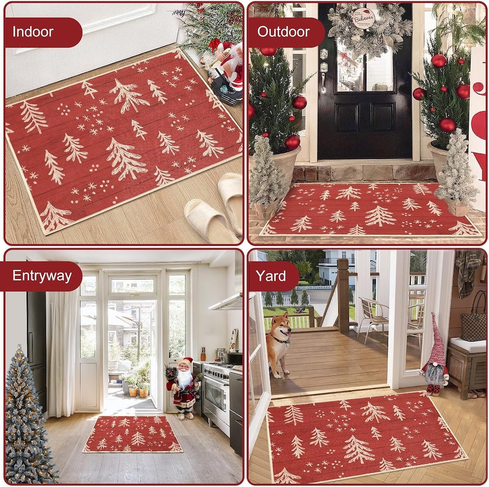 image 1 of London Boutique Christmas Doormat with Christmas Tree Pattern and Non-Slip Rubber Backing, Red, 40 x 60 cm
