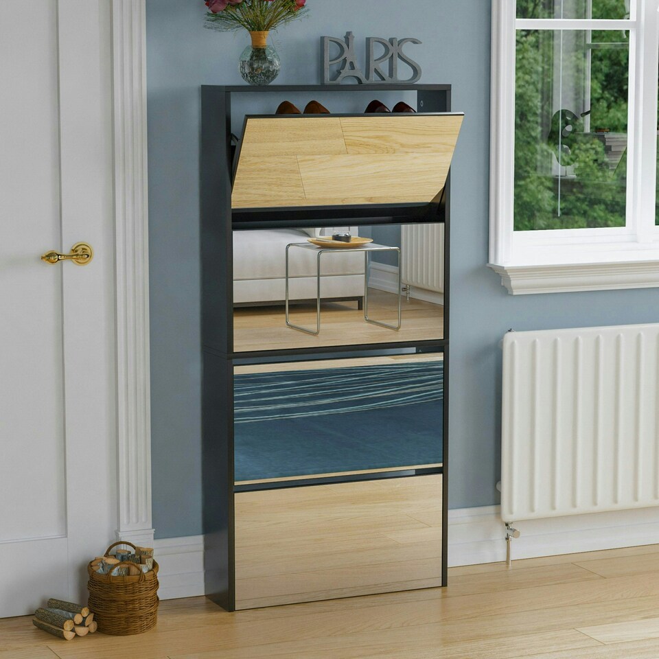 image 1 of Vida Designs Welham 4 Drawer Mirrored Shoe Cabinet Shoe Rack Storage Cupboard, Black