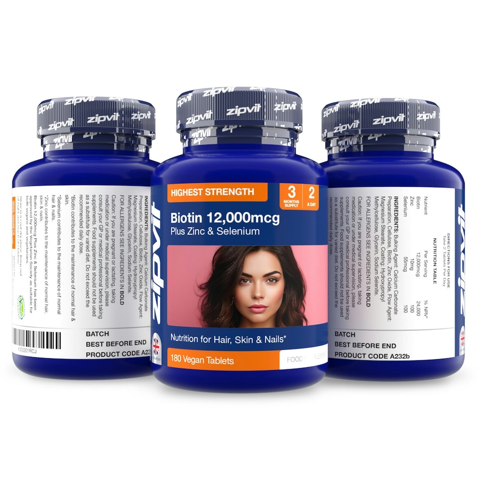 image 1 of Zipvit Biotin 12,000mcg – Hair, Skin & Nail Support, 180 Vegan Tablets, 3-Month Supply