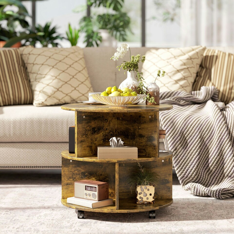 image 1 of 2 Tier Round Coffee Tea Table End Side Desk Sector Divider Shelves Storage | Multi | 60 x 60 x 55.5