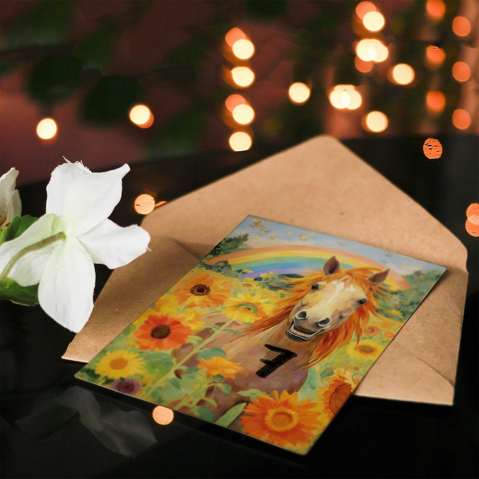 image 1 of Rainbow Sunflowers Kids Age 7 Year Old Horse Child Kids 7th Birthday Card