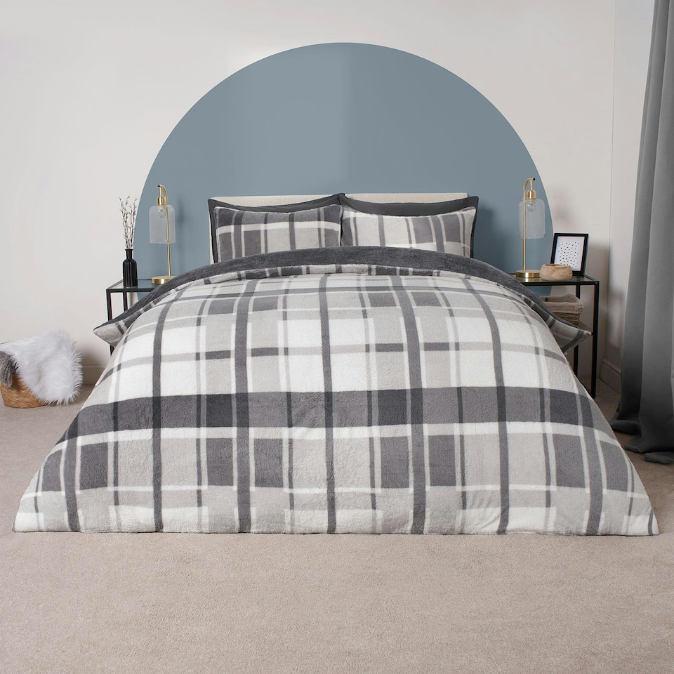 image 1 of OHS Check Printed Teddy Fleece Duvet Cover and Pillowcase Set, King - Charcoal