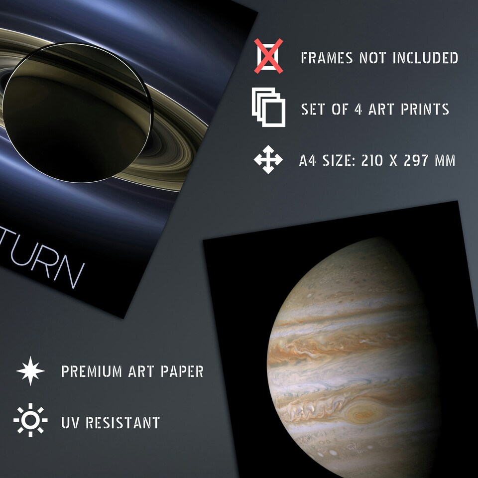 image 1 of Set of 4 NASA Our Solar System Planets Mars Jupiter Saturn Images Wall Art Print A4