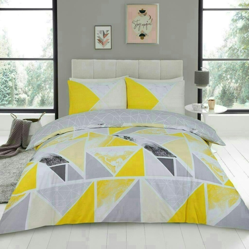 image 1 of VELVETIO Mila Geometric Duvet Cover Set Reversible Polycotton Easy Care Beddings Yellow | Ochre | Double