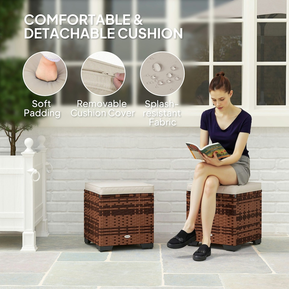 image 1 of Outsunny Set of 2 Rattan Footstool, Storage Ottoman w/ Cushions, Beige Grey