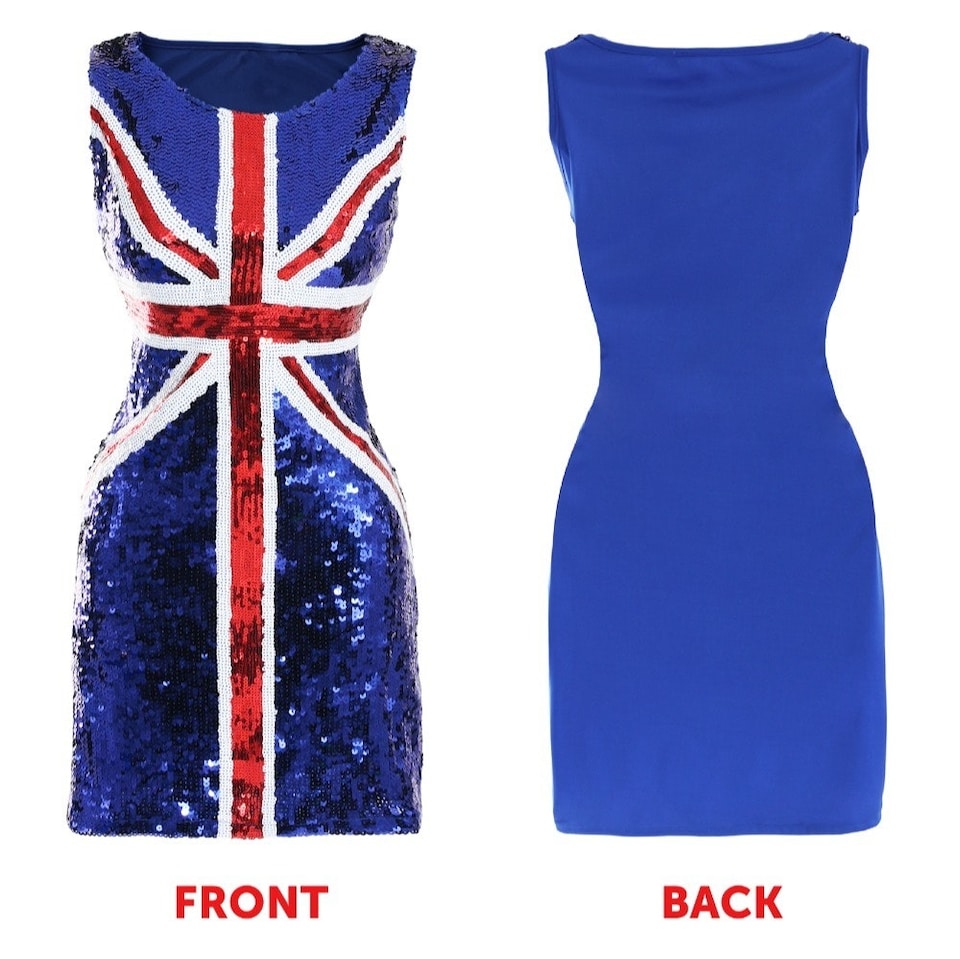 image 1 of Union Jack Sequin Dress & Fascinator Hat Headband | Blue | XL