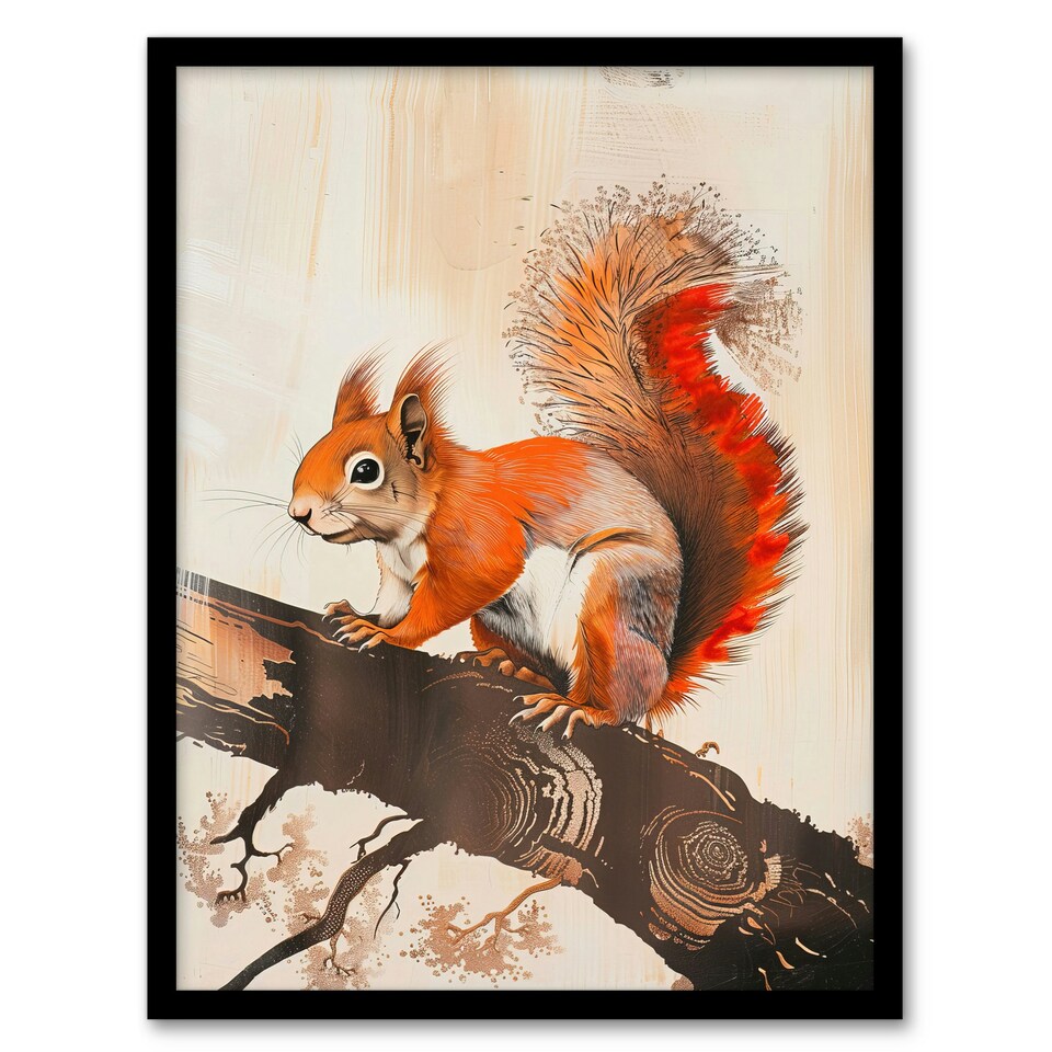 image 1 of Red Squirrel On Tree Branch Drawing Living Room Black Framed Wall Art Print A4