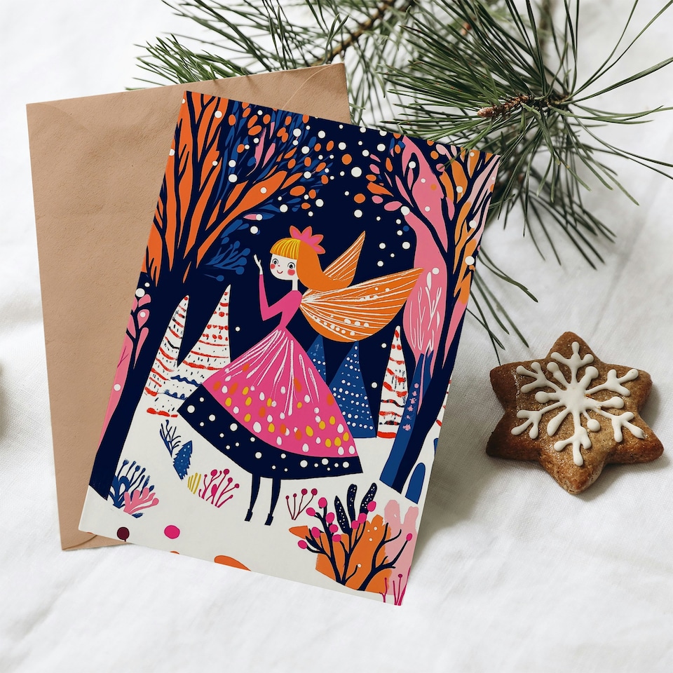 image 1 of Greeting Card Winter Wonderland Fairy Princess Vibrant Folk Art For Child Kids Xmas Christmas Card