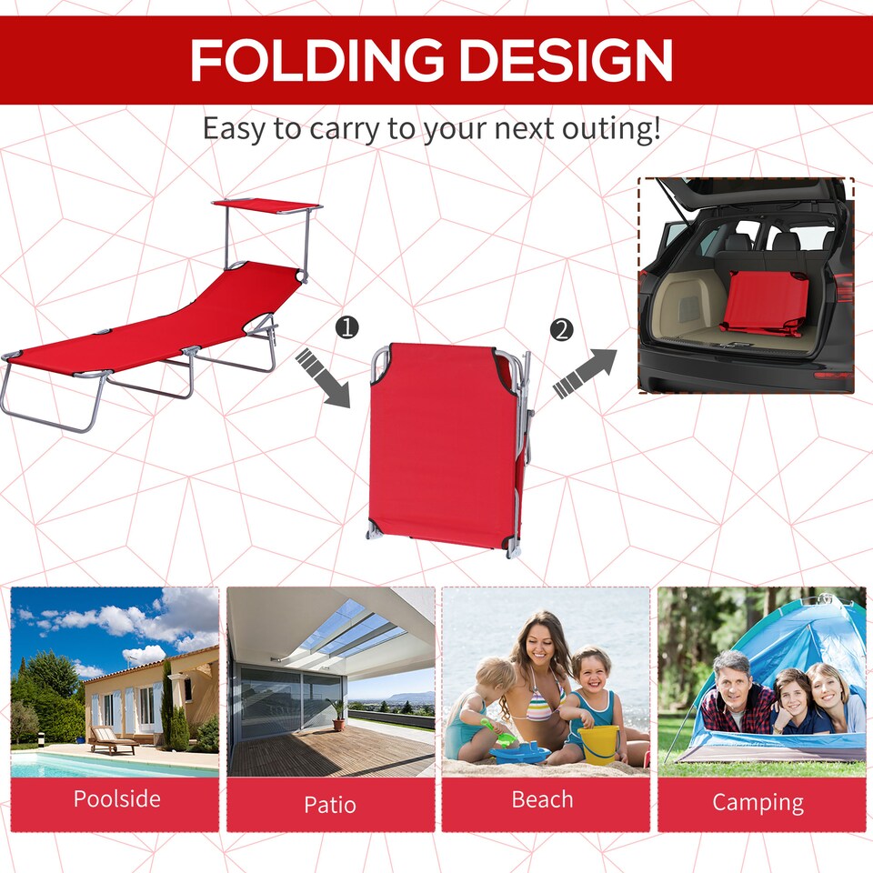 image 1 of Outsunny Folding Chair Sun Lounger w/ Sunshade Garden Recliner Hammock Red