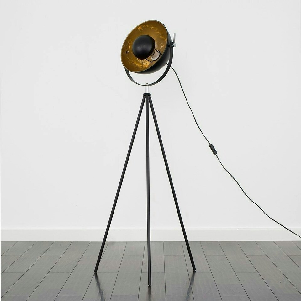 image 1 of ValueLights Retro Tripod Style Floor Lamp In Black Metal Finish With Gold Interior Shade