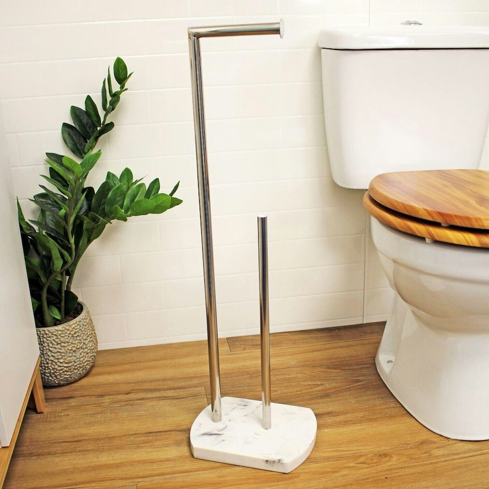 image 1 of Showerdrape Octavia White Marble & Chrome Toilet Roll Holder & Spare Paper Holder Combination