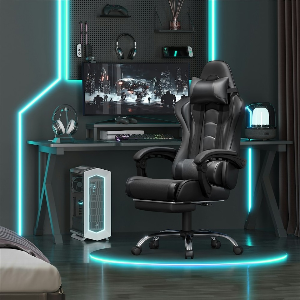image 1 of Yaheetech Ergonomic Computer Chair with Massage Lumbar Pillow Black