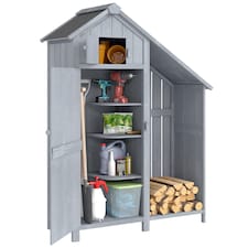 Outsunny Fir Garden Storage Shed With Shelves Log Rack, For Garden Tools | Grey | Grey and Black