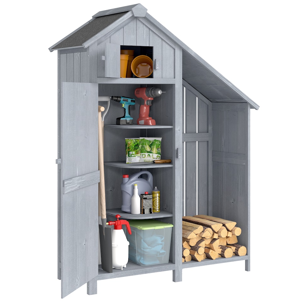 image 1 of Outsunny Fir Garden Storage Shed With Shelves Log Rack, For Garden Tools | Grey | Grey and Black