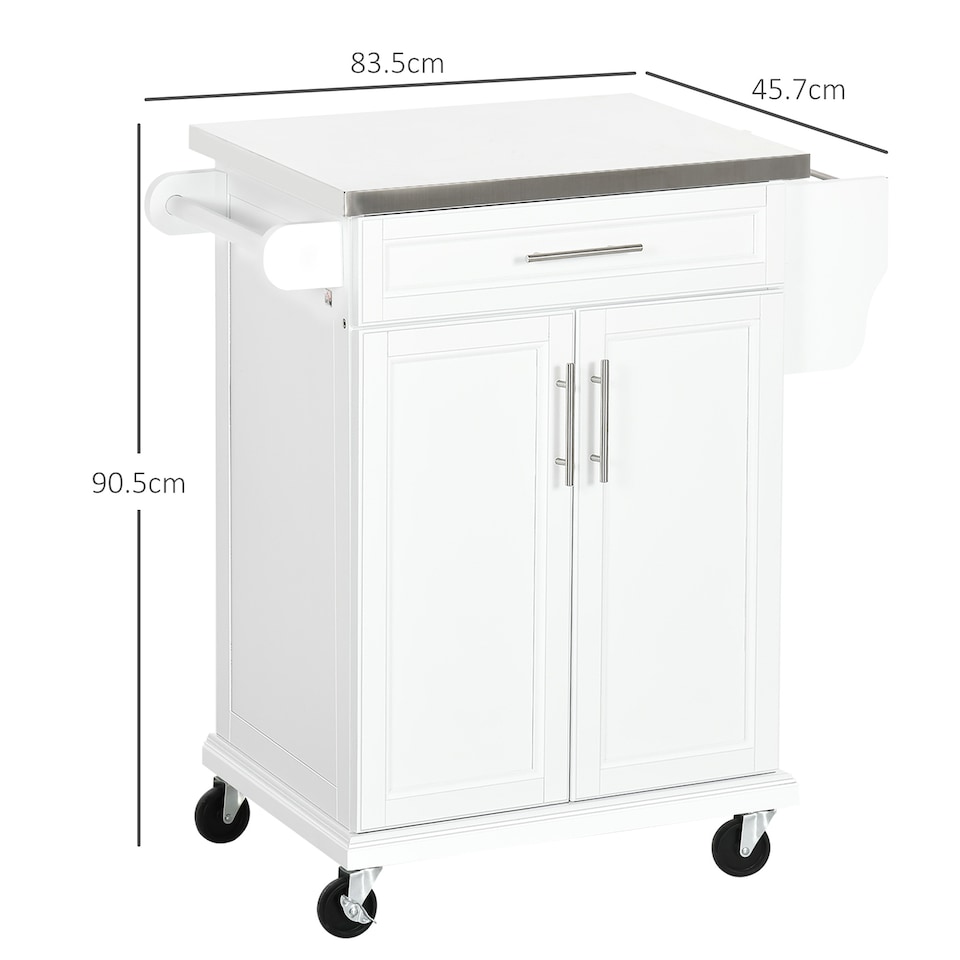 image 1 of HOMCOM Wooden Kitchen Island on Wheels, Serving Cart Storage Trolley with Stainless Steel Top, Drawer, Side Handle and Rack, White
