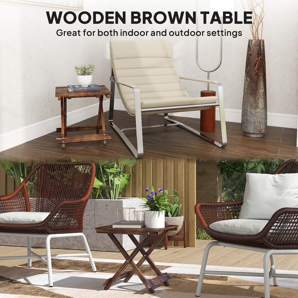 image 1 of Outsunny Wooden Folding Garden Table, Folding Side Table | Brown | Carbonised finish | 43 x 40 x 40 cm