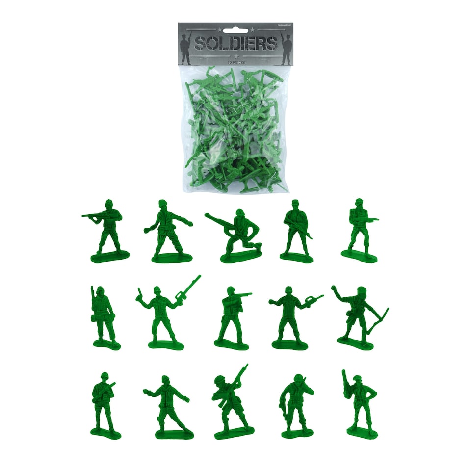 image 1 of Bag of 50 Traditional Green Plastic Toy Soldiers for Army Military War Games