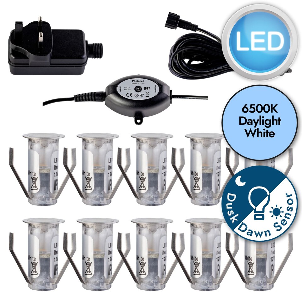image 1 of Set of 10 - 15mm IP67 Cool White LED Decking Kit with Photocell | Chrome | Clear | 10
