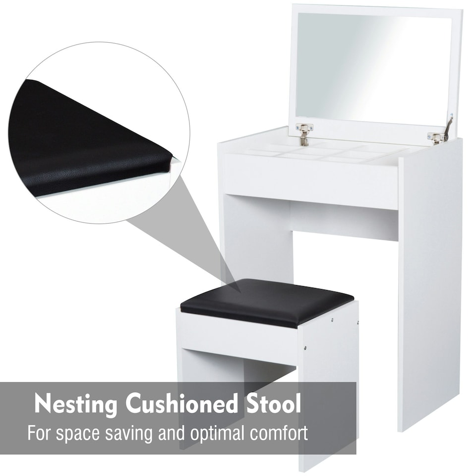 image 1 of HOMCOM Dressing Table Set Padded Stool with Flip-up Mirror Multi-purpose - White