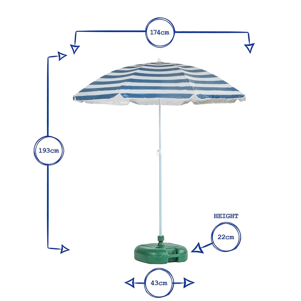 image 1 of Harbour Housewares Metal Beach Parasol & Base Set - 1.74 x 1.93m - Blue Stripe/Green
