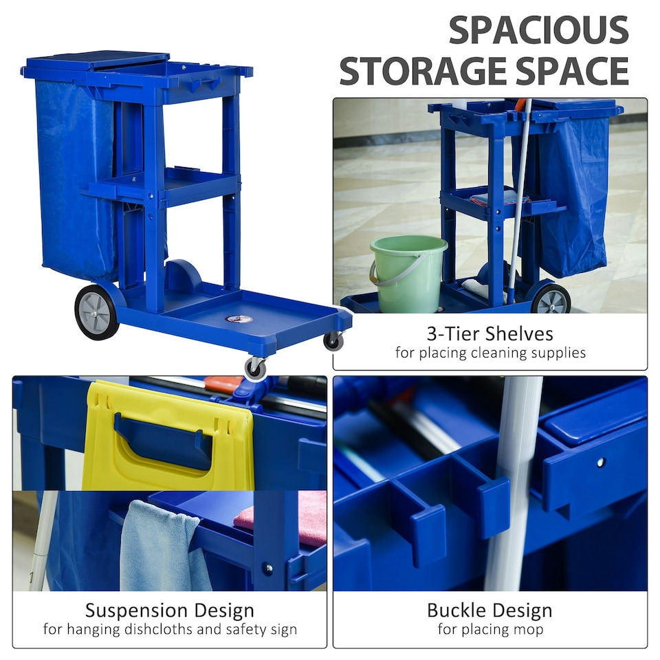 image 1 of HOMCOM Cleaning Cart On Wheels, Housekeeping Trolley w/ 3 Tier Shelves, Blue