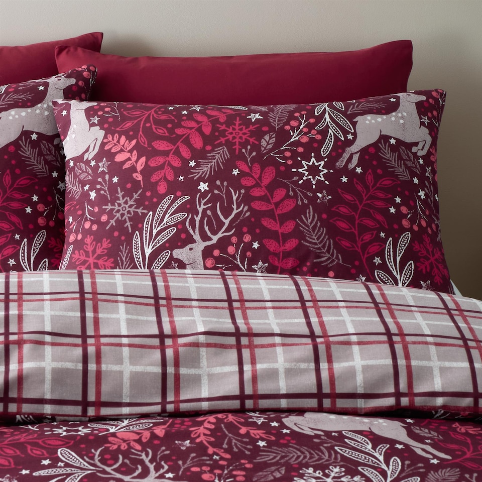 image 1 of Winter Stags Christmas Red Duvet Cover Set | Red | Burgundy | Single