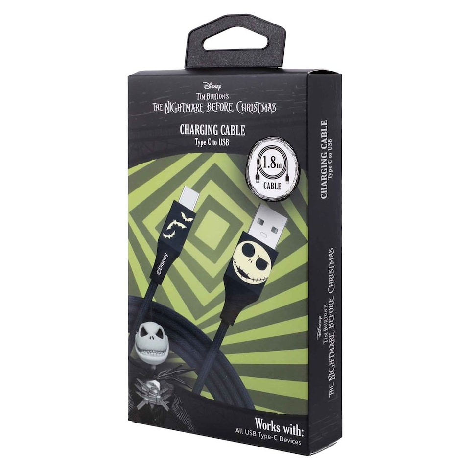 image 1 of Nightmare Before Christmas 6ft USB-A To Type-C Braided Charging Cable Jack Bats
