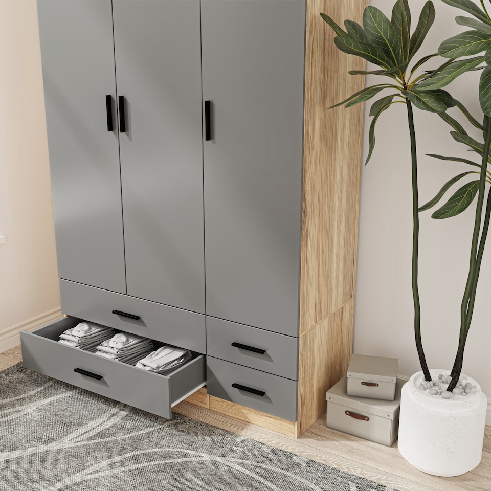 image 1 of 3 Door 4 Drawer Wardrobe With Hanging Rail And Storage Shelf | Brown | Oak Carcass & Grey Door | 1