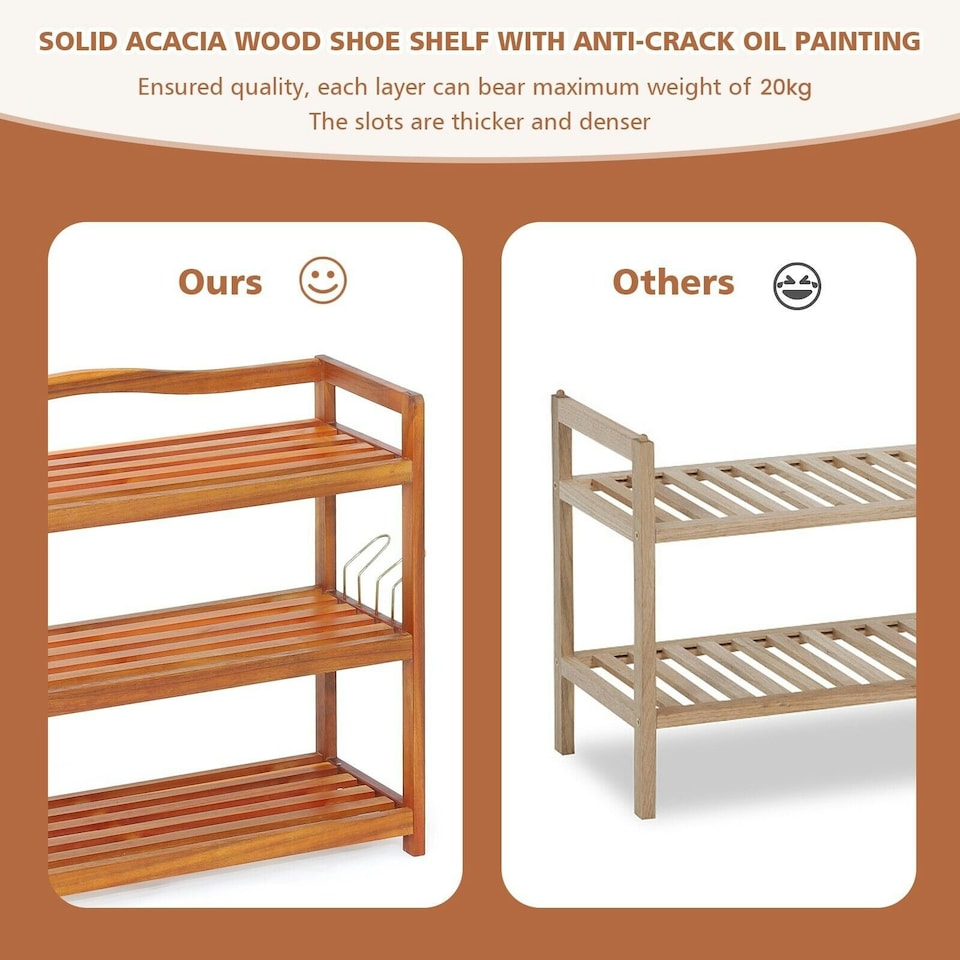 image 1 of COSTWAY 3-Tier Wood Shoe Rack Solid Shoe Storage Shelf Brown