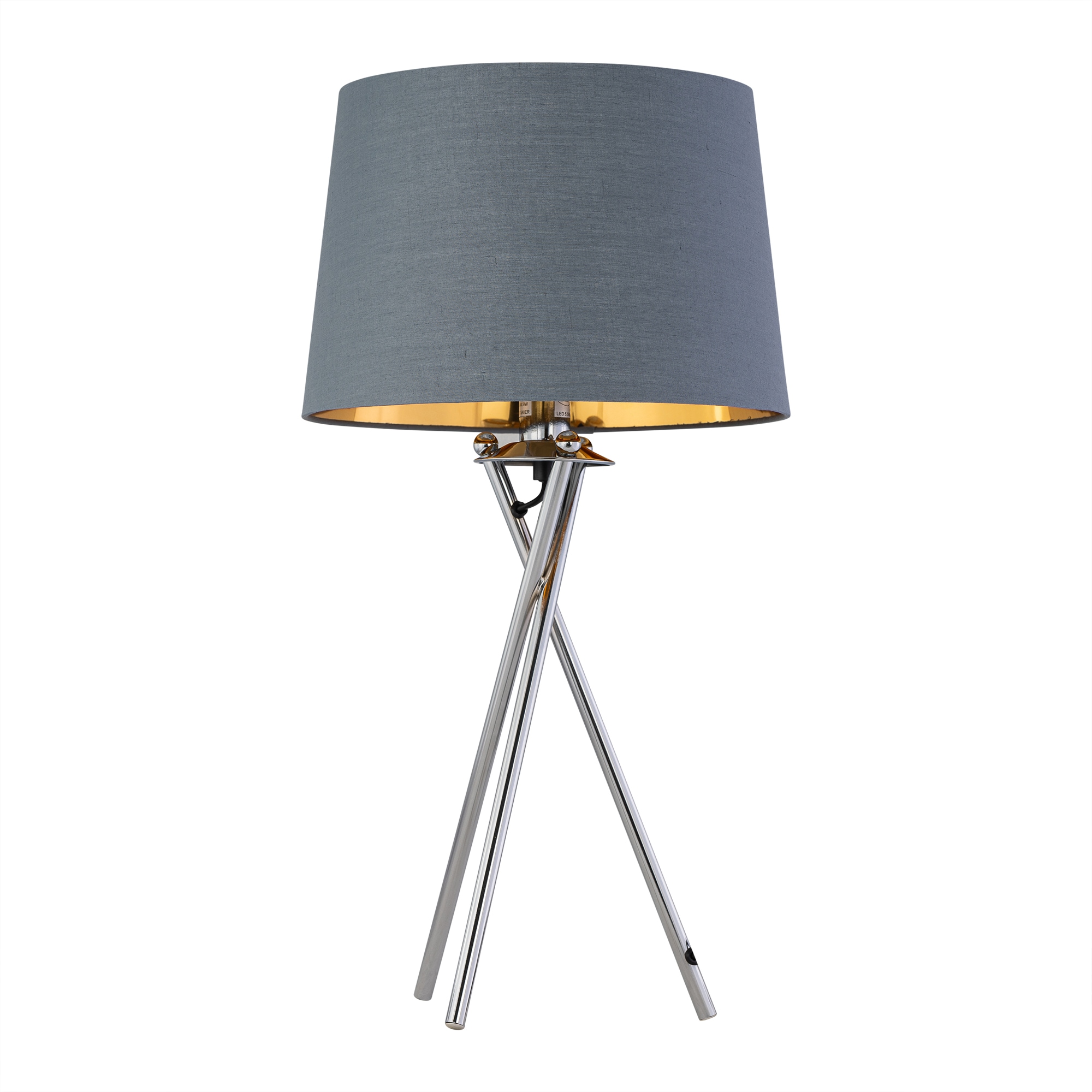 First Choice Lighting Tripod Chrome Lamp with Grey & Gold Fabric Shade in Silver