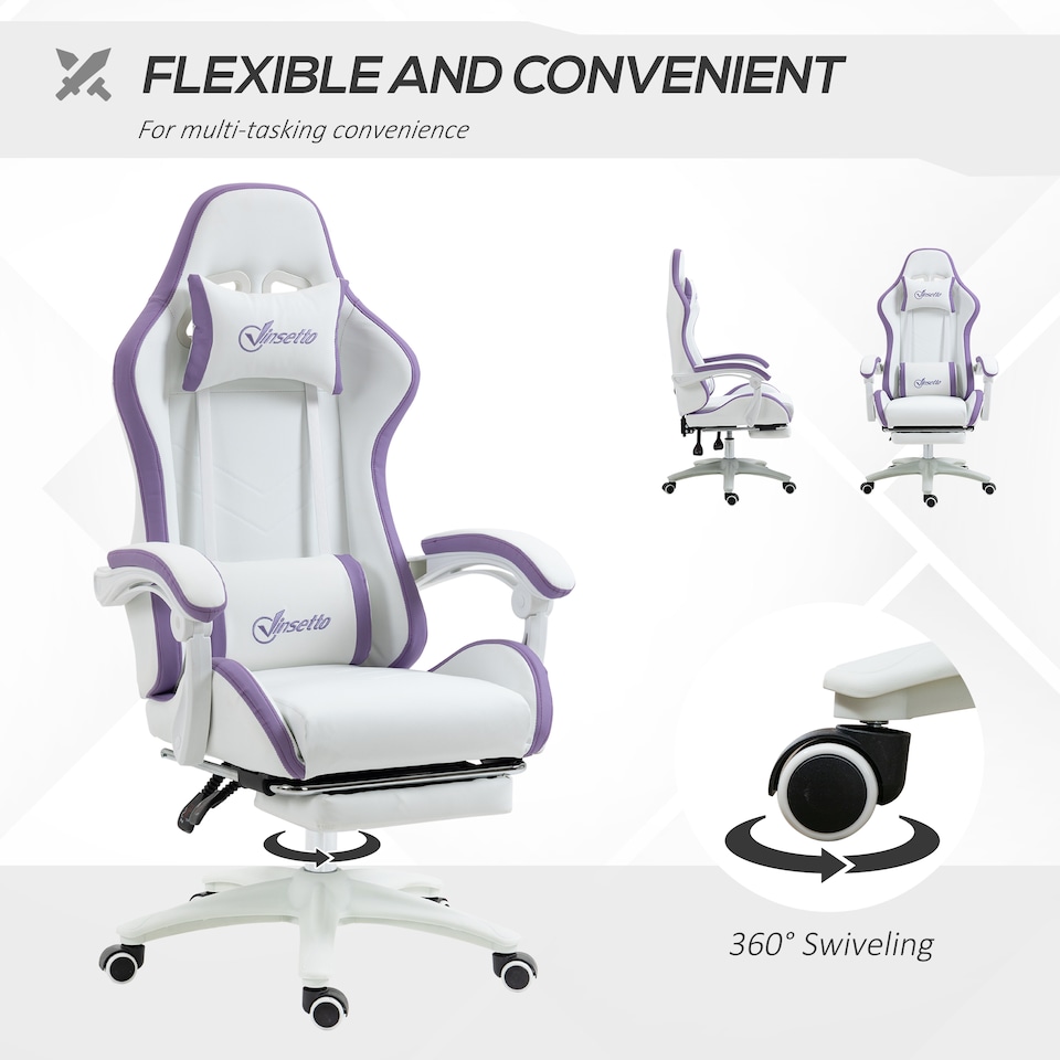image 1 of Vinsetto Computer Gaming Chair, PU Leather Office Desk Chair with Footrest, Swivel Wheels, 135 Reclining Back, Lumbar Support, Headrest for Home, White and Purple
