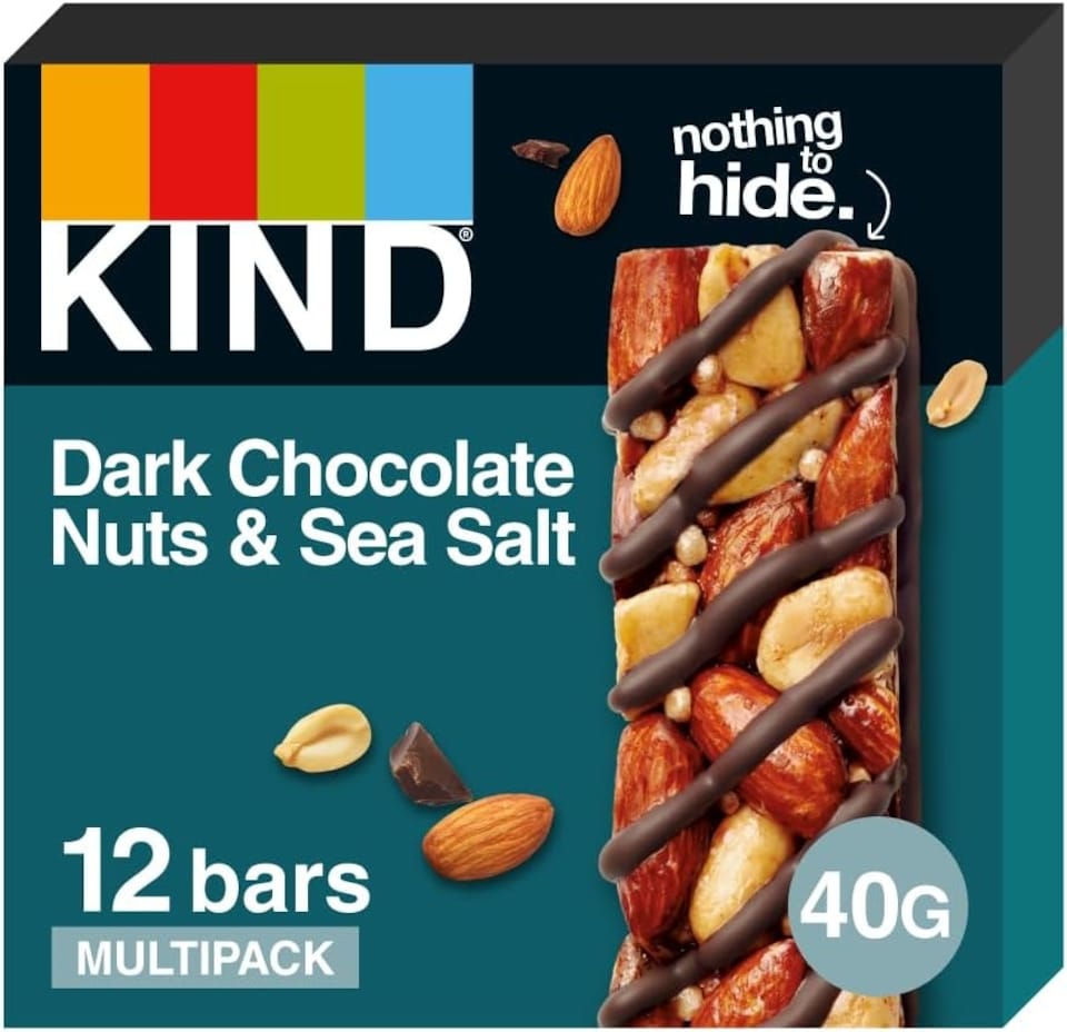 image 1 of KIND Bars, Gluten Free Snack Bars, Dark Chocolate Nuts & Sea Salt, High Fibre, No Artificial Colours, Flavours or Preservatives, Multipack 12 x 40g | Blue