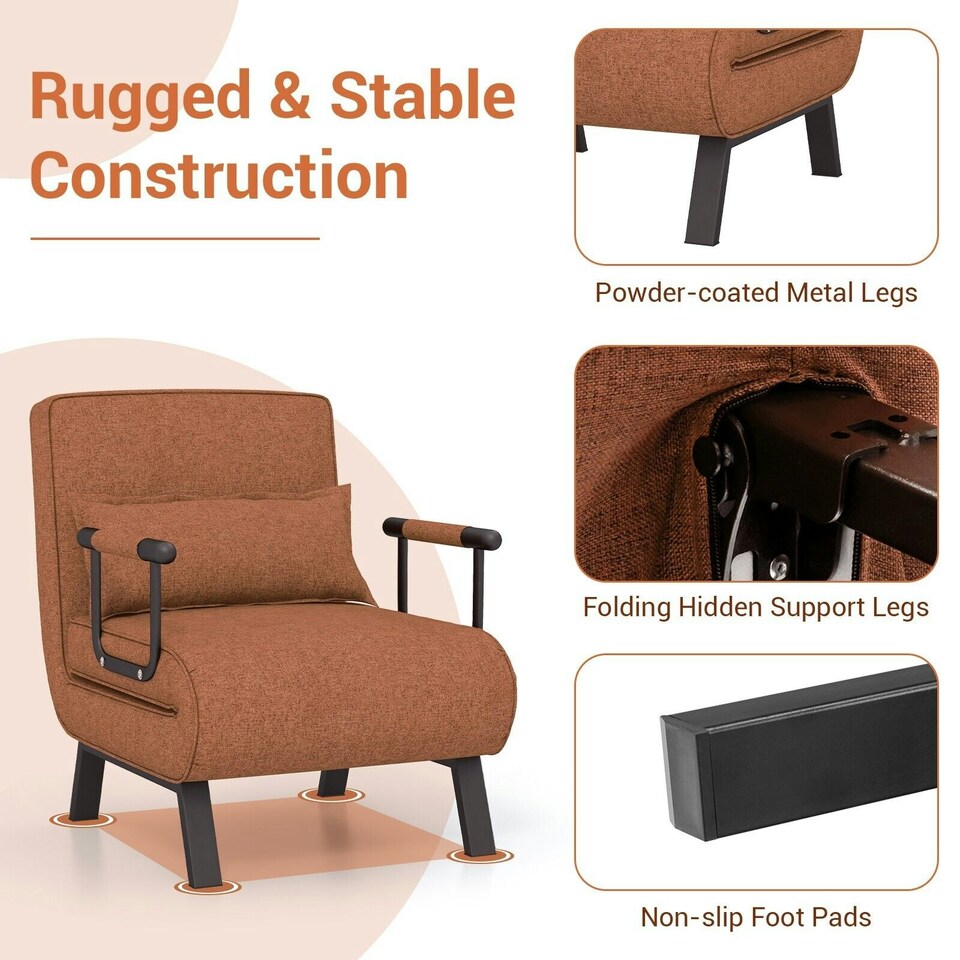 image 1 of COSTWAY Convertible Single Folding Sofa Bed Sleep Chair Brown Brown