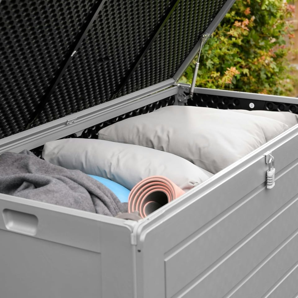 image 1 of Olsen & Smith Large 680L Weatherproof Outdoor Sit On Wood Effect Plastic Garden Bench Storage Box Chest Container Furniture Brown Brown | Brown