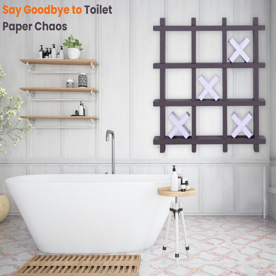 image 1 of NOVECRAFTO Tic Tac Toe Wall Mounted Toilet Paper Holder – Handmade Xs and Os Noughts and Crosses Toilet Roll Storage Rack