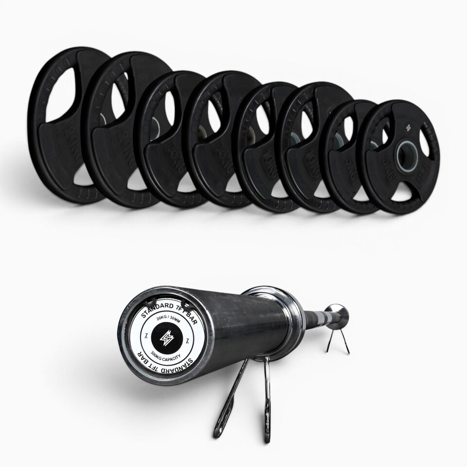image 1 of GYM SETS Tri Grip Olympic Weight Plates- (100kg Set / With 7ft Barbell + Clips)