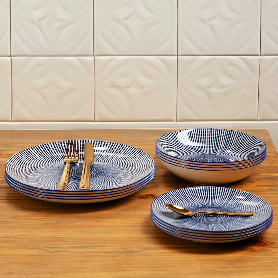 image 1 of Interiors By Premier Unique 12 Piece Blue & White Dinner Set,Dolomite Dinnerware Plates And Bowls,Scratch-Resistant Crockery Set