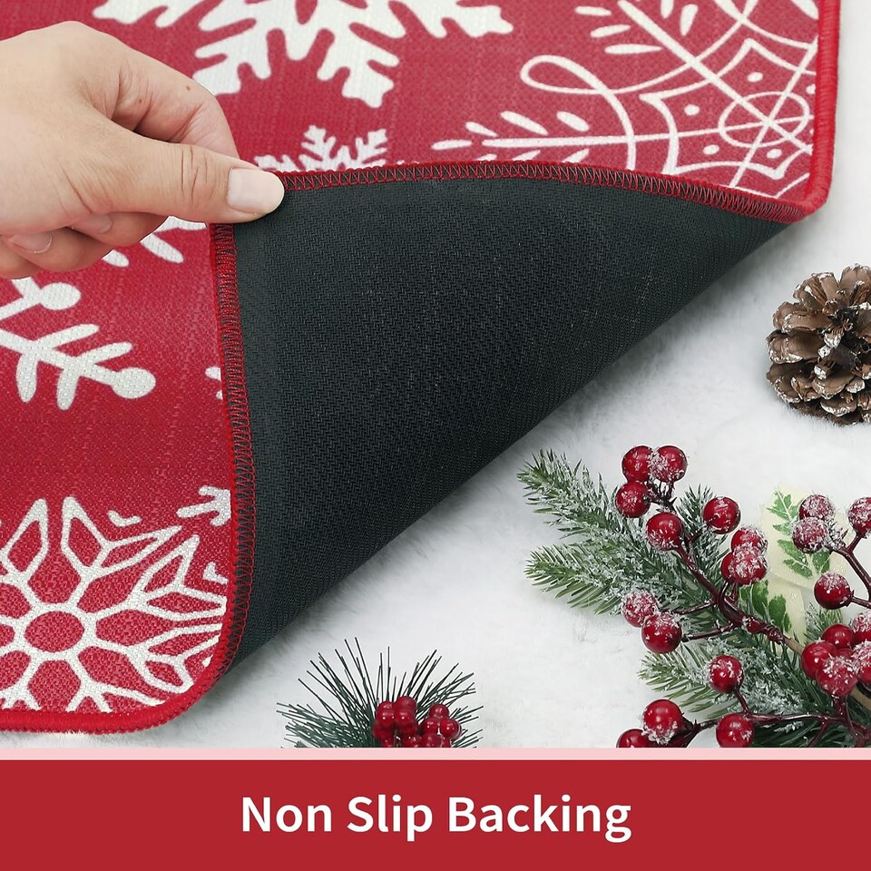 image 1 of London Boutique Christmas Doormat with Snowflake Design, Non-Slip Washable Entrance Mat, Red, 40 x 60 cm