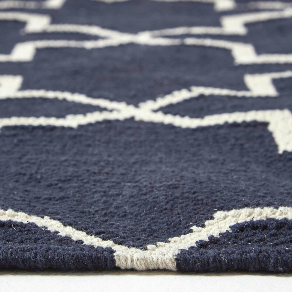 image 1 of Homescapes Edmonton Handwoven Navy Blue and White Cotton Geometric KIlim Rug - 160 x 230 cm | Blue | Navy and white