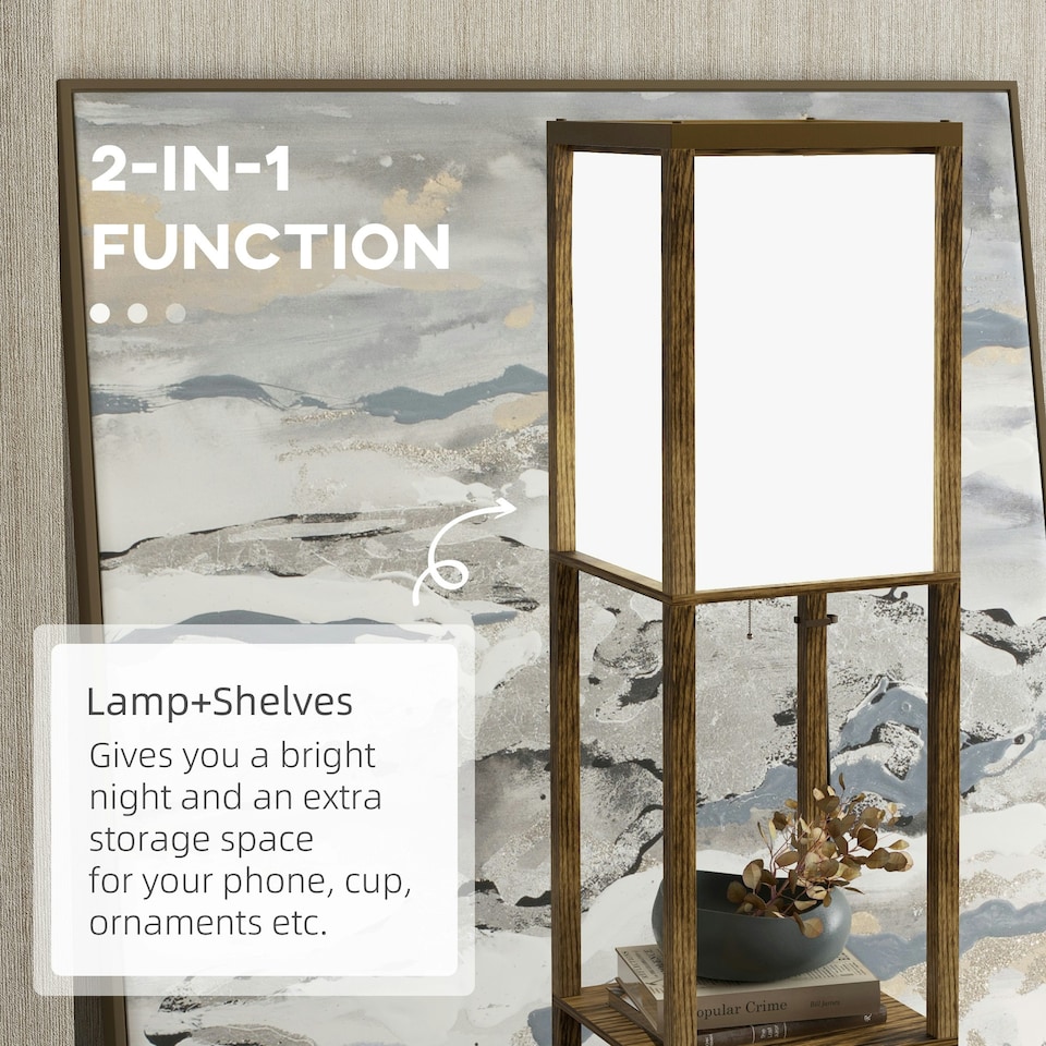 image 1 of HOMCOM Shelf Floor Lamp with Dual Light, for Living Room, Bedroom, Brown