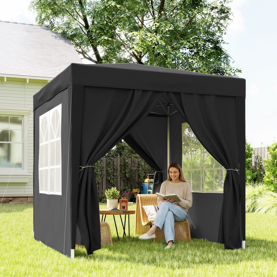 image 1 of Outsunny 2 x 2 m Garden Pop Up Gazebo, Wedding Party Tent Marquee, Water Resistant Awning Canopy with Sidewalls, Windows, Carry Bag, Black