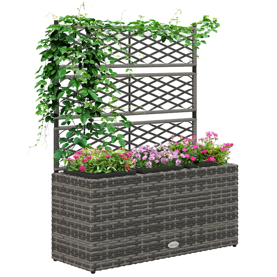 image 1 of Outsunny Garden PE Rattan Planter Box  Trellis Flower Raised Bed, 57x30x107cm
