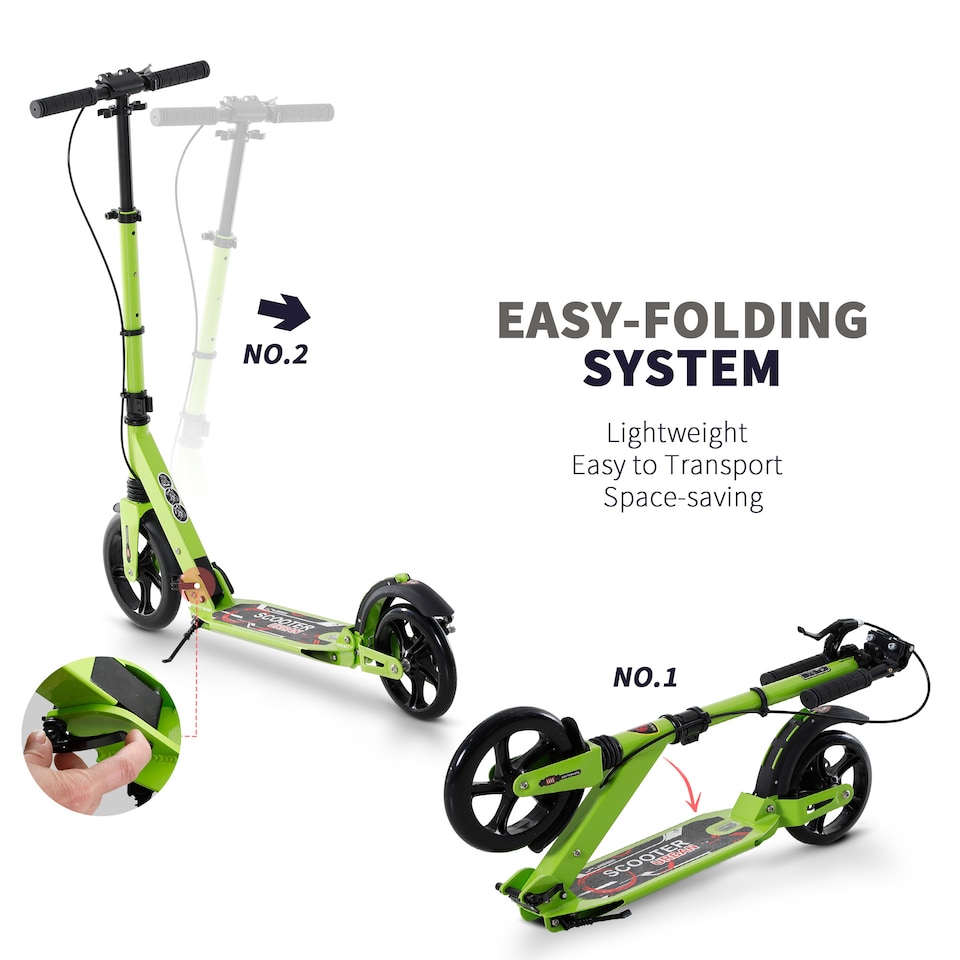 image 1 of HOMCOM Kick Scooter, Folding 2 Wheel Scooter with Dual Brake System, Dual Suspension, 230mm Big Wheels and 3 Adjustable Handlebar, for 14 older Teens Adults, up to 100KG, Green