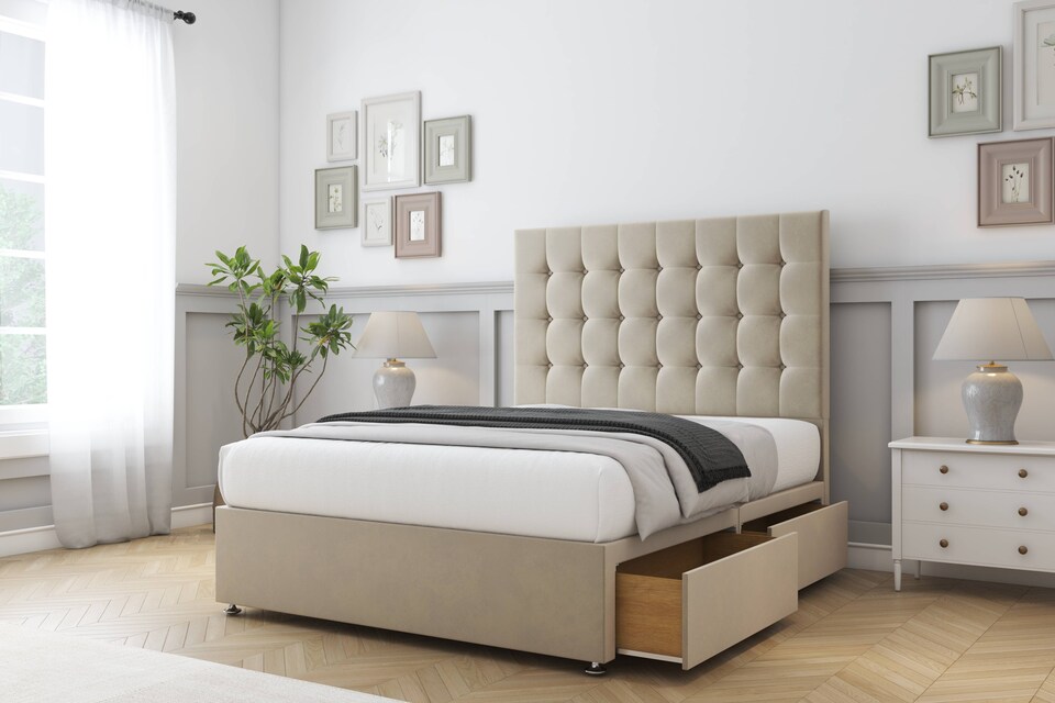 image 1 of Sloomy Alabama Almond Coniston Divan Bed Base 2 Drawers Same Side With 26 Inch Strutted Headboard | Cream | Almond | Double | 1