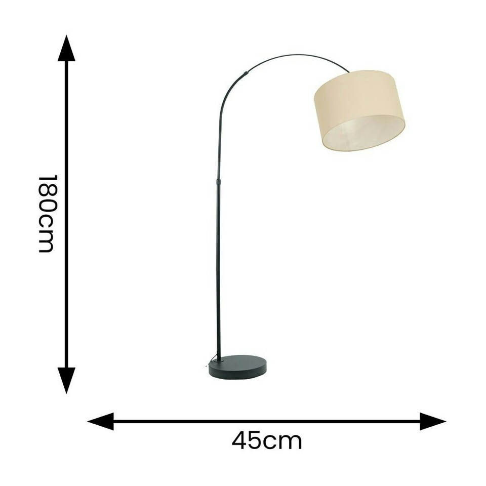 image 1 of ValueLights Louis Black Arched Curved Floor Lamp with Natural Fabric Drum Lamp Shade and LED Bulb