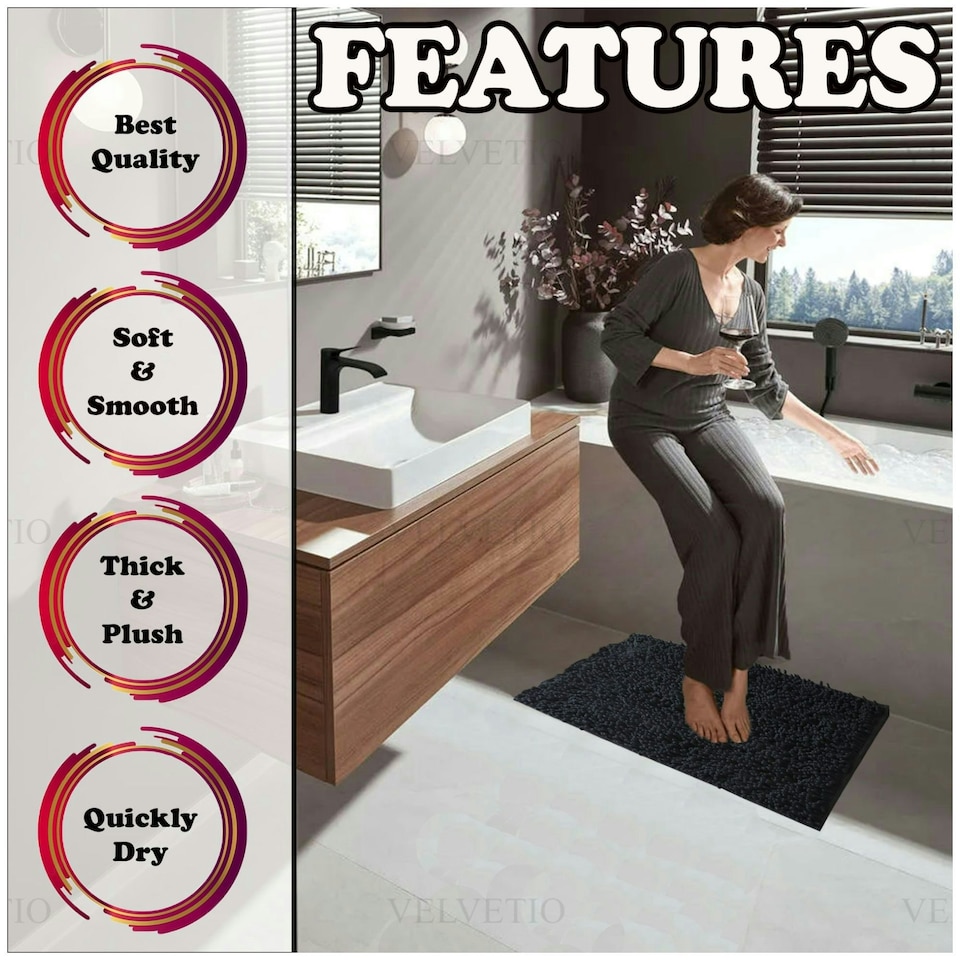 image 1 of VELVETIO Loop Bath Set Anti Slip Water Absorbent Soft Bathroom Rugs Black