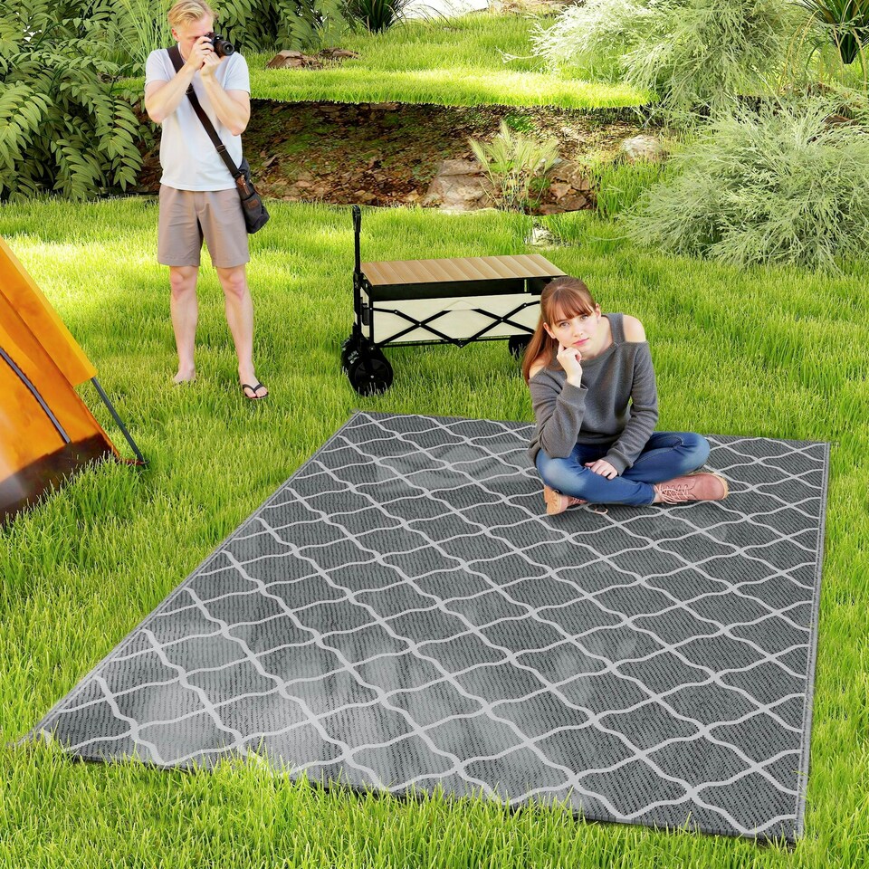 image 1 of Outsunny Reversible Waterproof Outdoor Rug W/ Carry Bag, 182 x 274 cm Grey | Grey and White